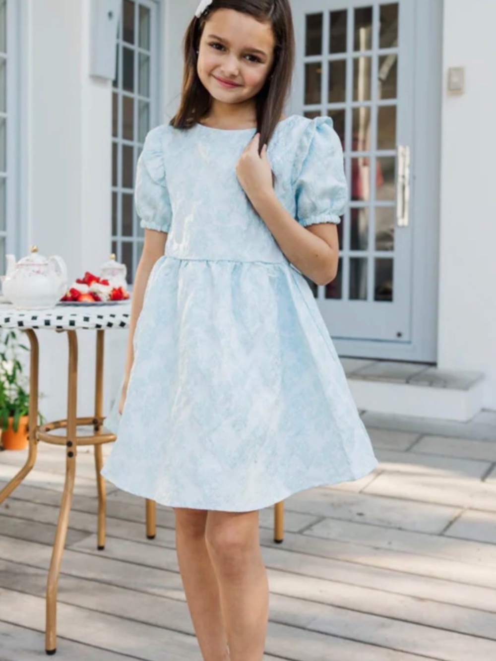 Girls: the Eloise light blue floral brocade dress